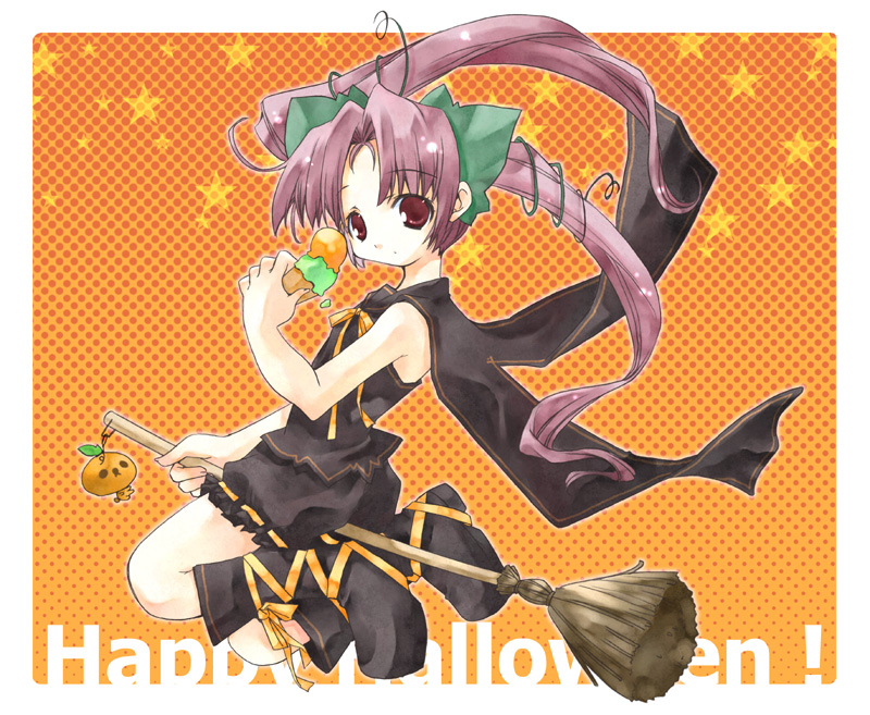 takamura masaya, original, bad id, bad pixiv id, 1girl, broom, broom riding, female focus, food, halloween, happy halloween, ice cream, long hair, orange background, purple eyes, purple hair, shorts, solo, twintails