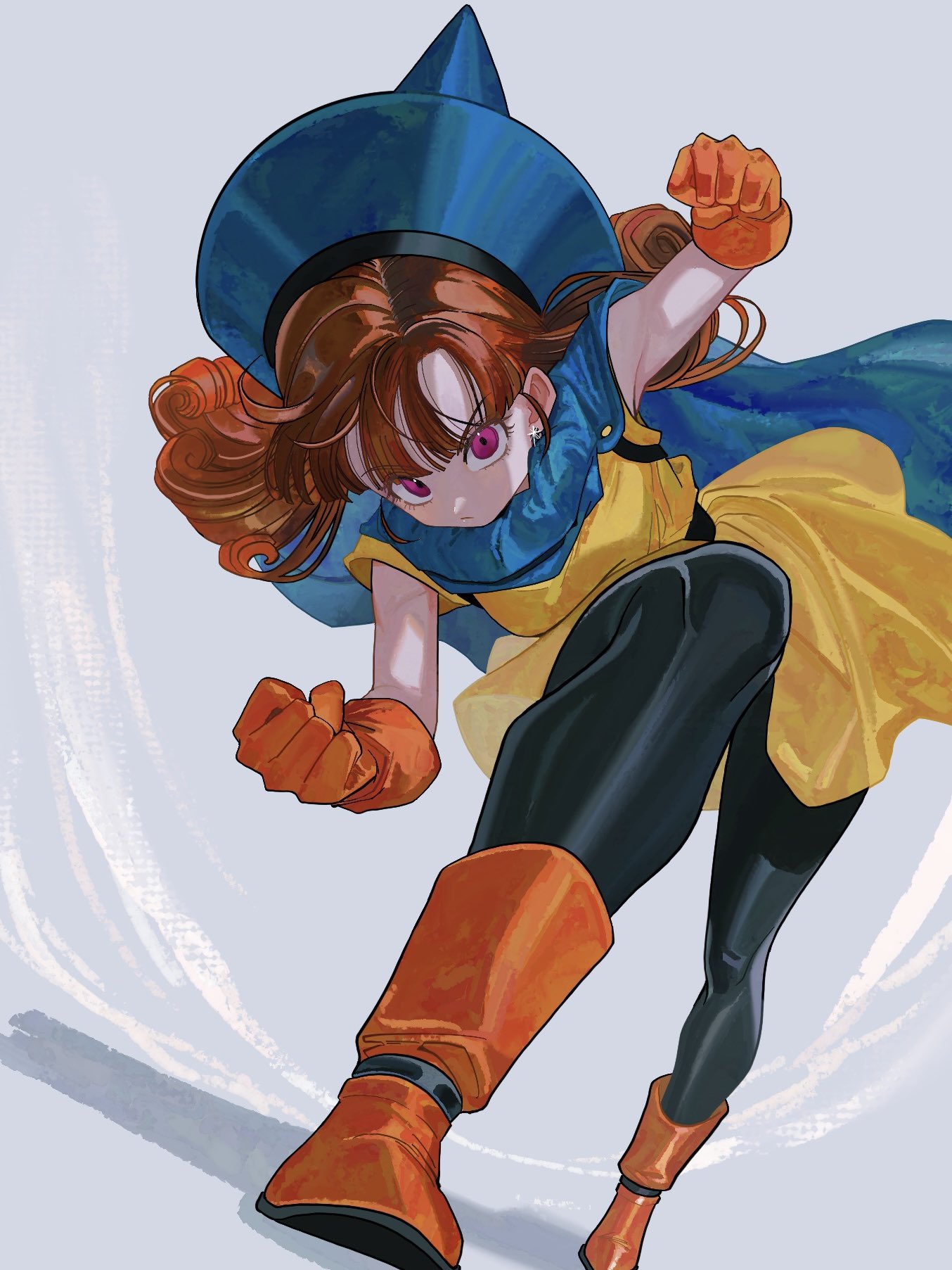 okita (sukult 4), alena (dq4), dragon quest, dragon quest iv, highres, 1girl, black leggings, blue cloak, blue hat, blunt bangs, boots, breasts, brown hair, clenched hands, cloak, curly hair, dress, earrings, fighting stance, frown, full body, furrowed brow, gloves, grey background, hat, jewelry, leggings, long hair, martial arts, medium breasts, orange boots, orange gloves, parted bangs, pink eyes, solo, yellow dress