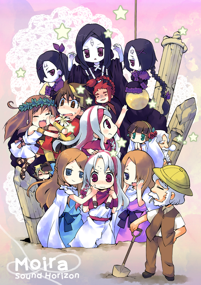 takamura masaya, alexandra, alexandra (sound horizon), alexei romanovich zvolinsky, artemisia, cassandra, cassandra (twin), eleuseus, leontius, malissa, mu (sound horizon), orion (sound horizon), phi (sound horizon), scorpius, sophia (sound horizon), thanatos (persona), thanatos (sound horizon), moira, sound horizon, highres, 6+boys, 6+girls, blush, brother and sister, carrying, chibi, everyone, fang, multiple boys, multiple girls, shoulder carry, siblings, star (symbol), sweat, twins