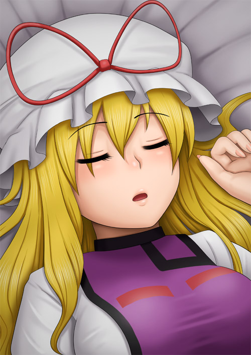 kanno izuka, yakumo yukari, touhou, 1girl, blonde hair, female focus, hat, long hair, mob cap, ribbon, sleeping, solo, tabard