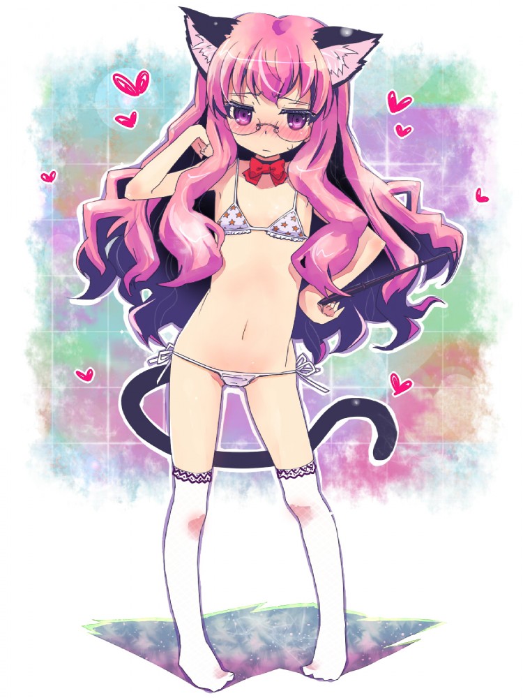 asaki takayuki, louise francoise le blanc de la valliere, zero no tsukaima, artist request, 00s, animal ears, bikini, glasses, loli, swimsuit, tail, wand