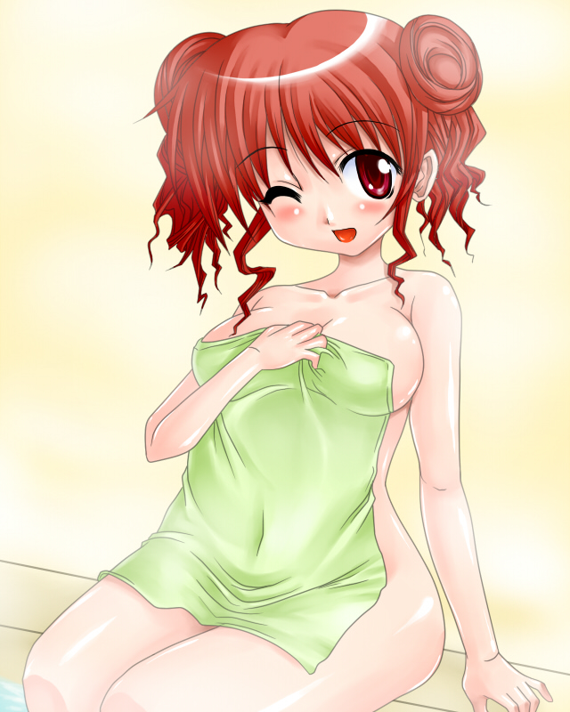gao (artist), gao (naodayo), hiro (hidamari sketch), hidamari sketch, 00s, donut hair bun, double bun, hair bun, nude, red eyes, red hair, solo, towel