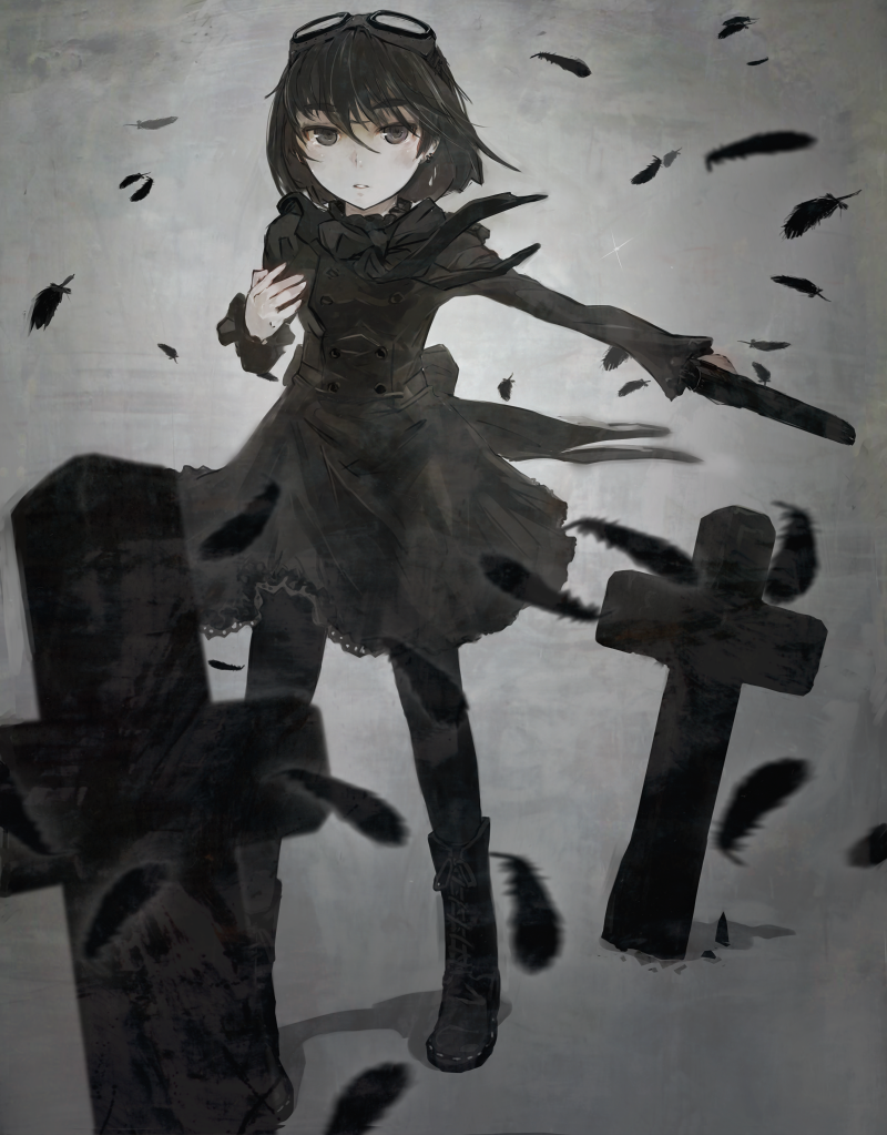nimirom, original, commentary request, 1girl, black boots, black bow, black bowtie, black dress, black feathers, black hair, black pantyhose, boots, bow, bowtie, buttons, cross, double-breasted, dress, earrings, falling feathers, feathers, floating clothes, full body, goggles, goggles on head, grey background, grey eyes, gun, h&k usp, hair between eyes, hand up, handgun, holding, holding gun, holding weapon, jewelry, lace-up boots, latin cross, long sleeves, looking at viewer, outdoors, outstretched arm, pantyhose, parted lips, short hair, solo, sparkle, standing, tombstone, weapon