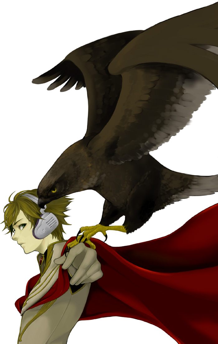 jomy marquis shin, toward the terra, 1boy, animal, animal on shoulder, bird, bird on shoulder, blonde hair, cape, eagle, earphones, gloves, green eyes, headphones, male focus, short hair, solo