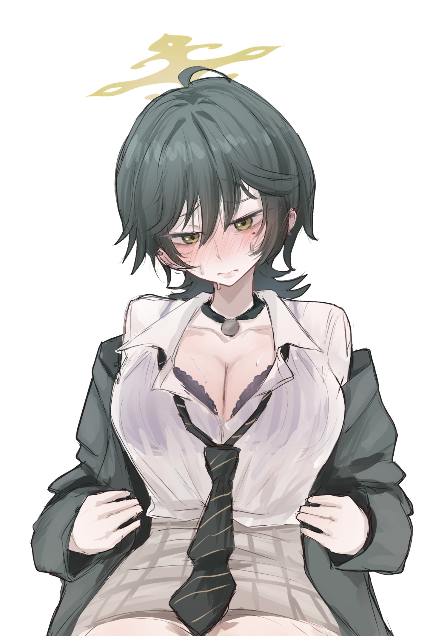 suecovsky, fuyu (blue archive), blue archive, highres, 1girl, blush, bra, bra peek, bra visible through clothes, breasts, green eyes, green hair, halo, jacket, large breasts, looking at viewer, mole, mole under eye, necktie, open clothes, open jacket, see-through clothes, shirt, short hair, sitting, solo, striped necktie, underwear, white background, white shirt, wolf cut