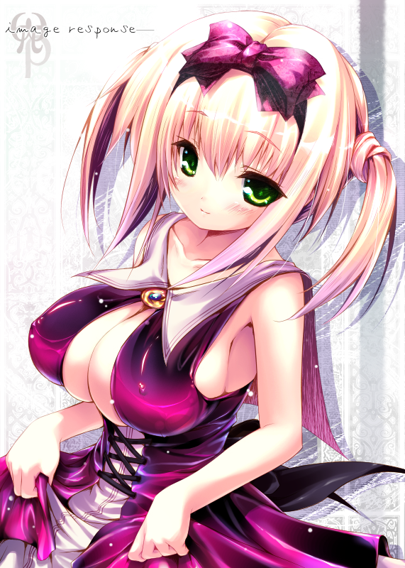 fujisaki rei, original, 1girl, black bow, blonde hair, blush, borrowed character, bow, breasts, cleavage, clothes lift, collarbone, covered erect nipples, dress, dress lift, female focus, green eyes, hair bow, large breasts, looking at viewer, purple bow, purple dress, short hair, sleeveless, sleeveless dress, smile, standing, twintails, waist bow, white background