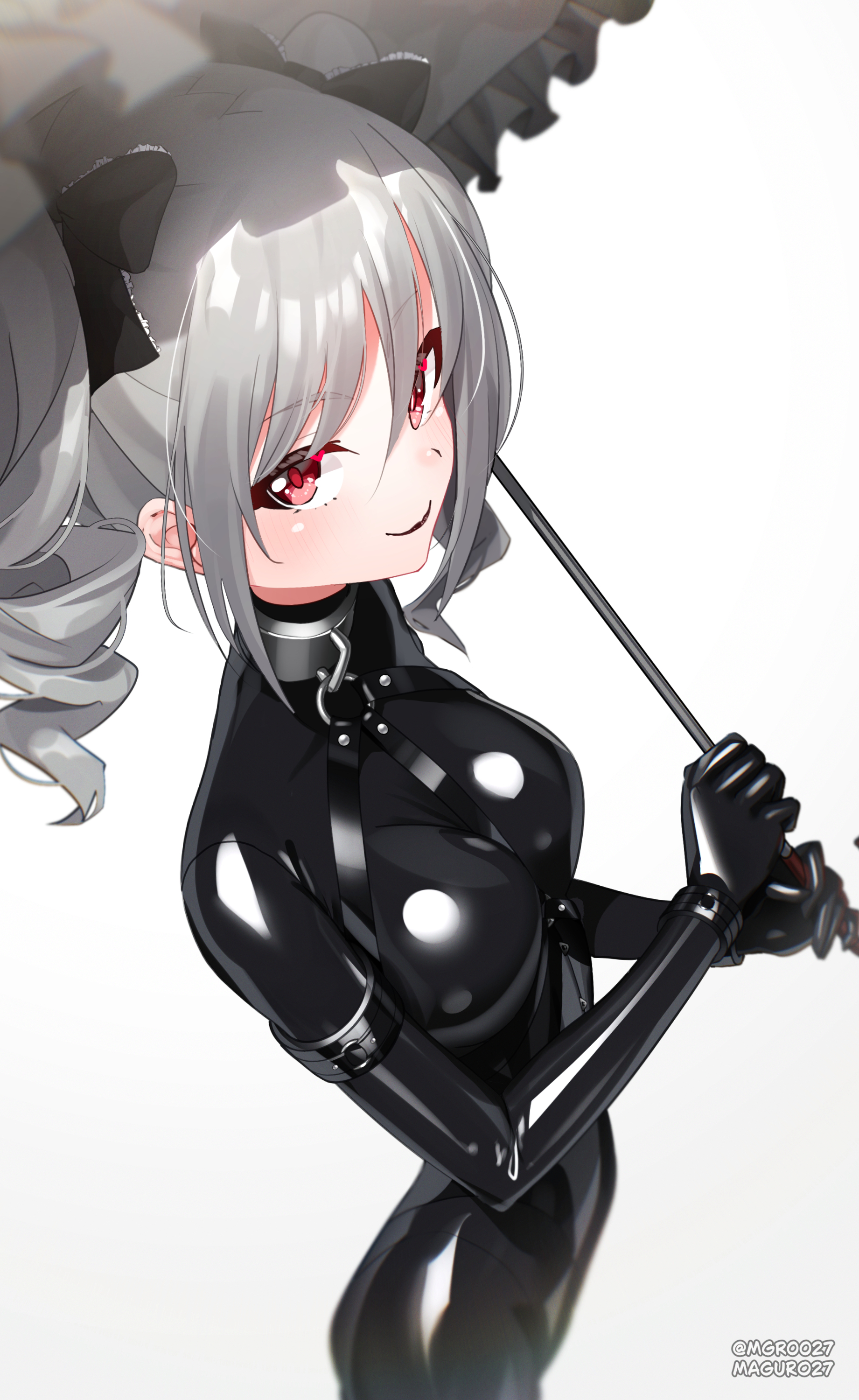 maguro27, kanzaki ranko, idolmaster, idolmaster cinderella girls, absurdres, highres, 1girl, blush, bodysuit, breasts, grey hair, impossible bodysuit, impossible clothes, impossible leotard, latex, latex bodysuit, leotard, lipstick, looking at viewer, makeup, medium breasts, parasol, red eyes., simple background, skin tight, solo, twintails, umbrella, white background