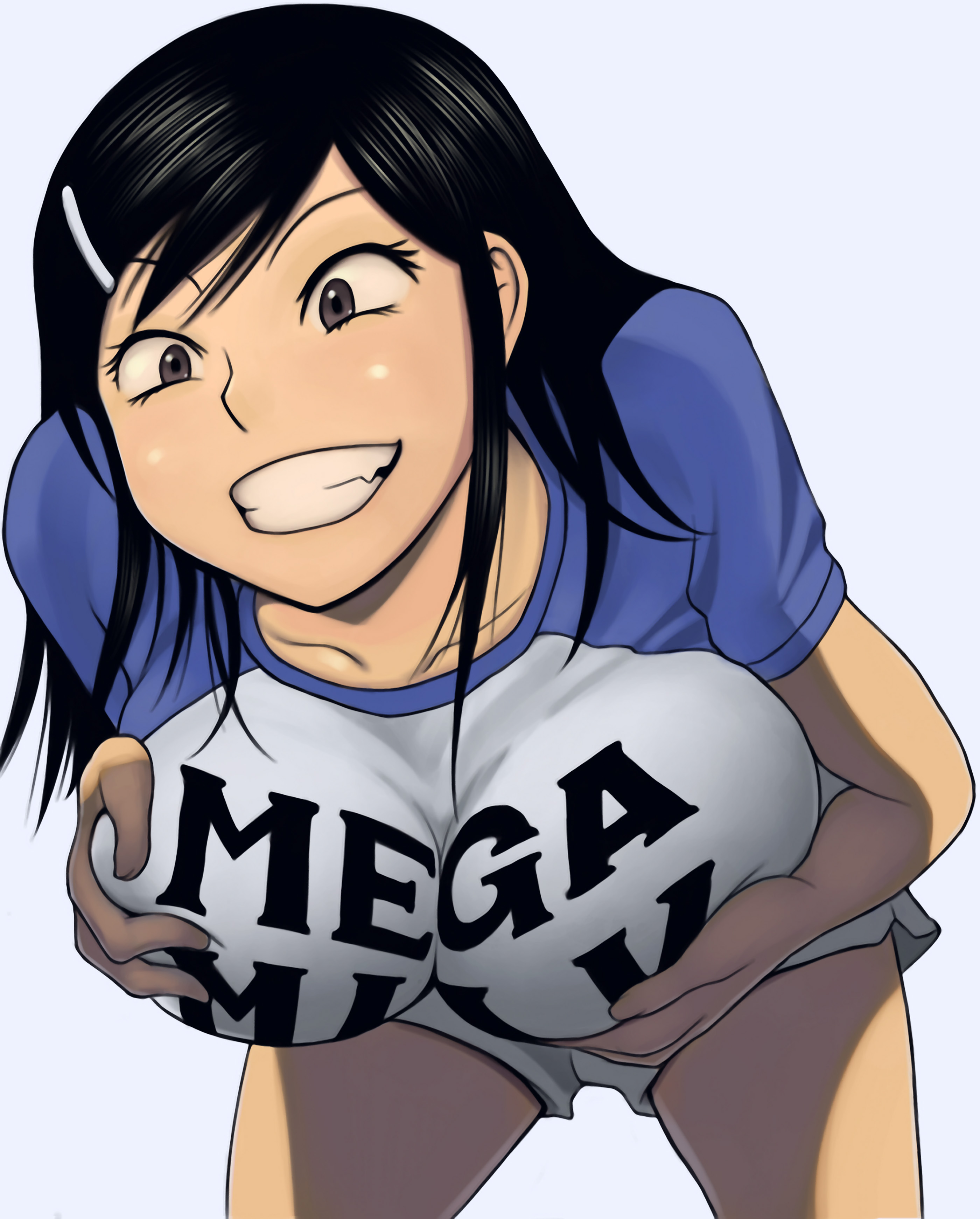 shiden akira, hinnyuu kyonyuu history, original, eyebrows, absurdres, colorized, highres, 1girl, black eyes, black hair, breasts, breasts squeezed together, clothes writing, cross-eyed, eyelashes, fang, female focus, grabbing another's breast, grabbing own breast, grin, groping, hair ornament, hairclip, huge breasts, leaning forward, long hair, matching hair/eyes, mega milk, raglan sleeves, shirt, shorts, simple background, smile, solo, t-shirt, teeth, white background