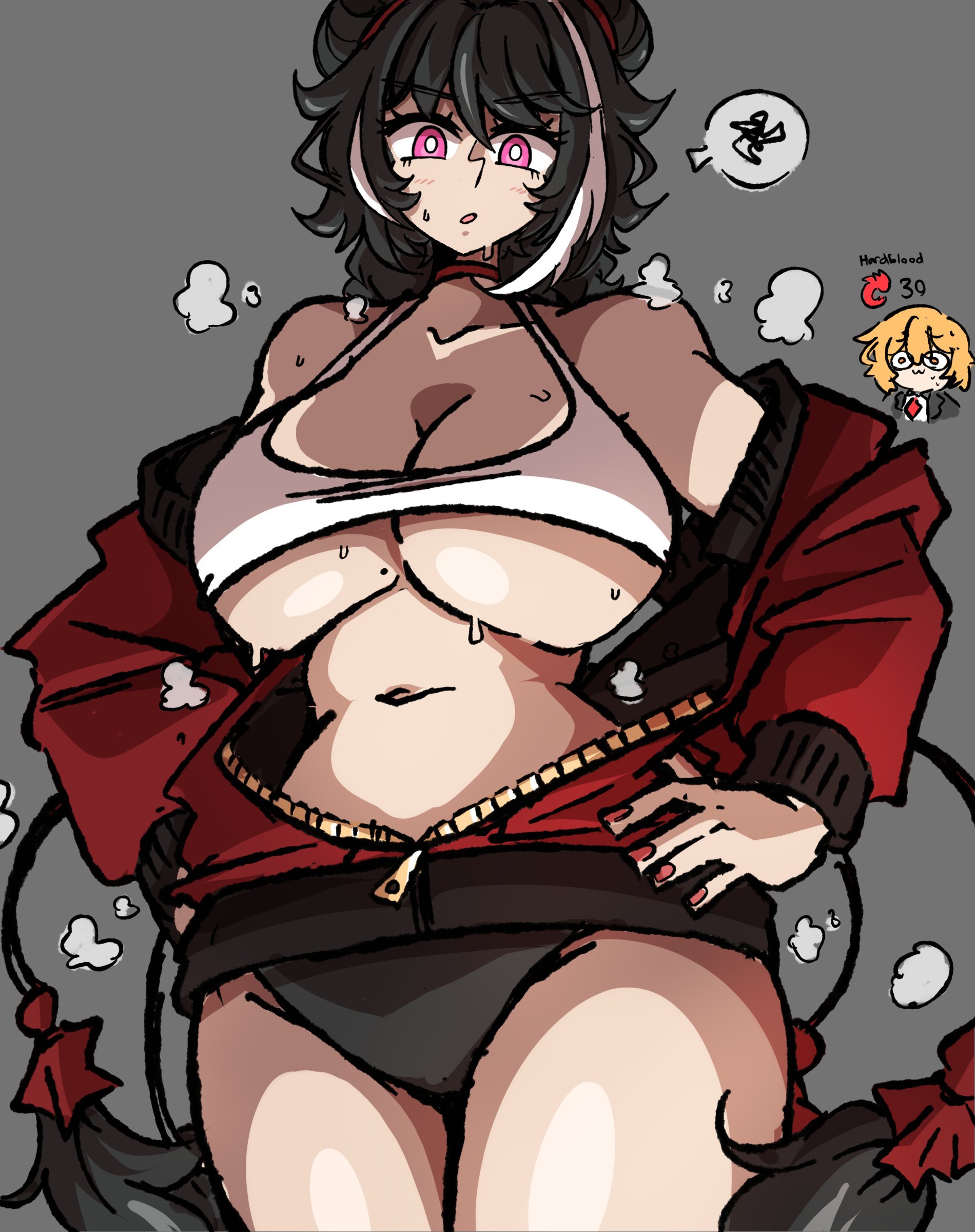 ashy (dankestsin), don quixote (project moon), jia xichun (project moon), limbus company, project moon, absurdres, highres, 2girls, :o, alternate costume, black hair, black panties, bra, breasts, chibi, chibi inset, choker, cleavage, double bun, grey background, hair bun, hands on own hips, huge breasts, jacket, long hair, long sleeves, looking at viewer, multicolored hair, multiple girls, open clothes, open jacket, open mouth, panties, pink eyes, red choker, red jacket, red nails, simple background, solo, standing, stomach, streaked hair, sweat, thighs, twintails, underwear, upper body, white bra, white streaks