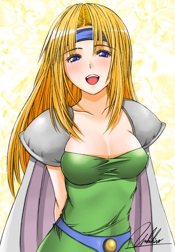yukihiro, celes chere, final fantasy, final fantasy vi, bad id, bad pixiv id, 1990s (style), 1girl, blonde hair, blue eyes, breasts, cape, cleavage, female focus, headband, leotard, open mouth, shoulder pads, signature, solo