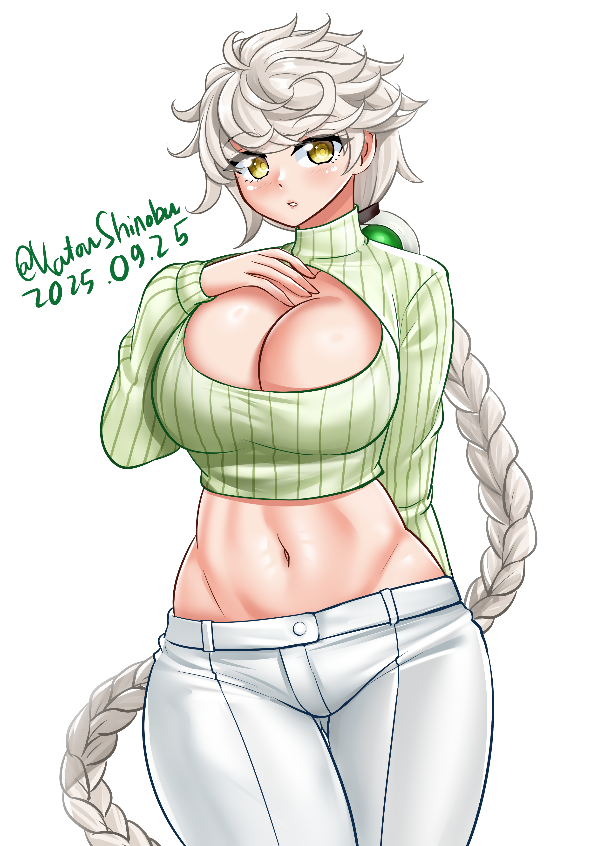 katou shinobu, unryuu (kancolle), kantai collection, absurdres, highres, 1girl, alternate costume, asymmetrical hair, blush, braid, breasts, cowboy shot, dated, green shirt, hair ornament, large breasts, long hair, looking at viewer, open-chest sweater, pants, shirt, single braid, solo, sweater, twitter username, very long hair, white hair, yellow eyes