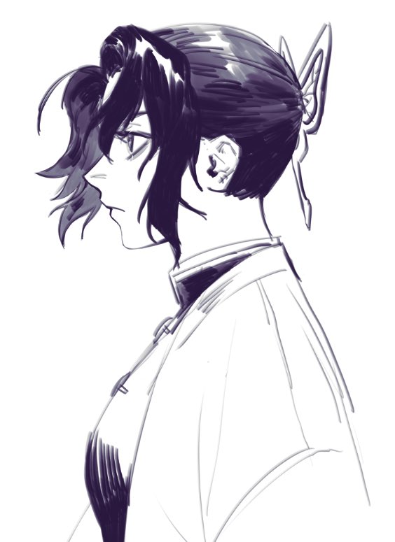 rumaeinine, kochou shinobu, kimetsu no yaiba, 1girl, black jacket, breasts, butterfly hair ornament, closed mouth, demon slayer uniform, hair ornament, haori, jacket, japanese clothes, looking to the side, medium breasts, parted bangs, portrait, profile, sidelocks, sketch, solo, updo, upper body, white background