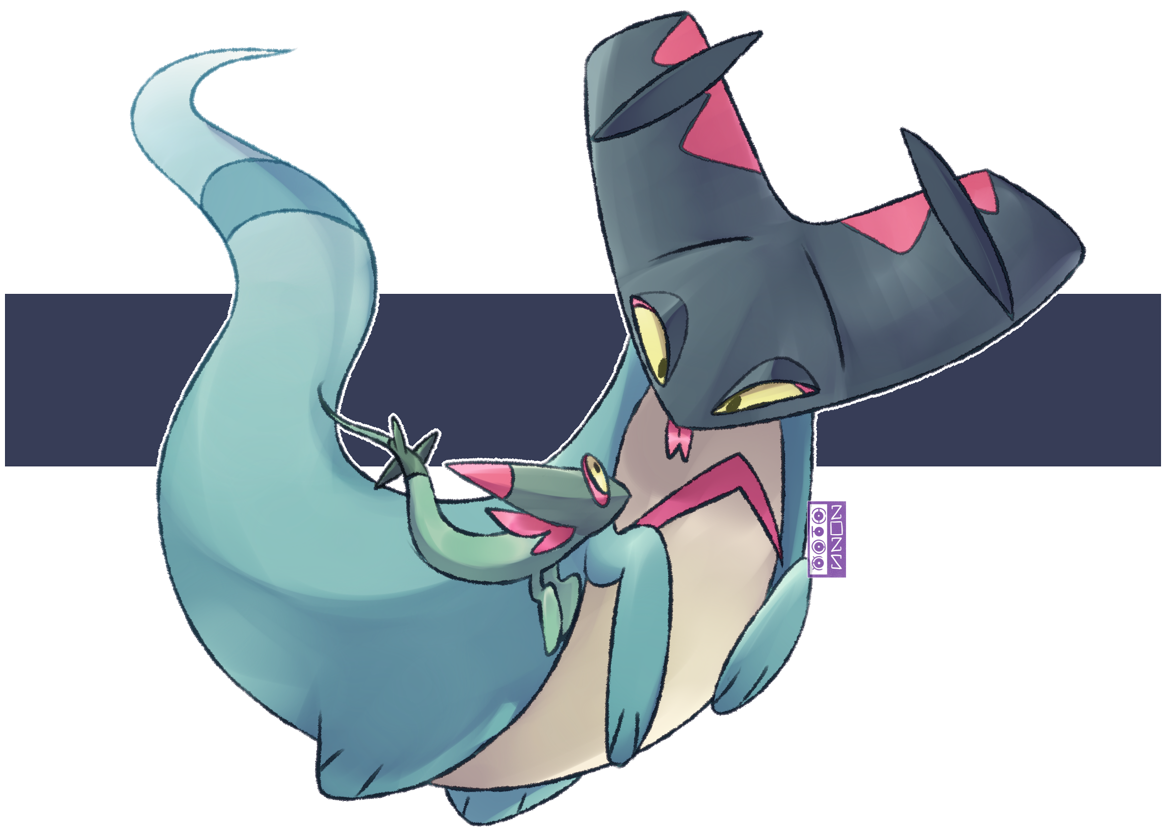 dualcosmog, drakloak, dreepy, nintendo, pokemon, highres, artist logo, gen 8 pokemon, logo, looking at another, no humans, outline, pokemon (creature), watermark