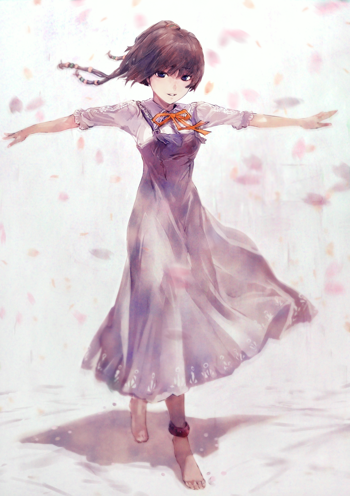 nimirom, original, commentary request, 1girl, anklet, barefoot, beads, blue eyes, breasts, brown hair, collared shirt, dress, floating hair, full body, hair beads, hair ornament, jewelry, long dress, long hair, looking at viewer, medium breasts, neck ribbon, orange ribbon, outstretched arms, parted lips, pinafore dress, ponytail, purple dress, ribbon, shadow, shirt, short ponytail, short sleeves, sleeveless, sleeveless dress, smile, solo, spread arms, standing, white background, white shirt