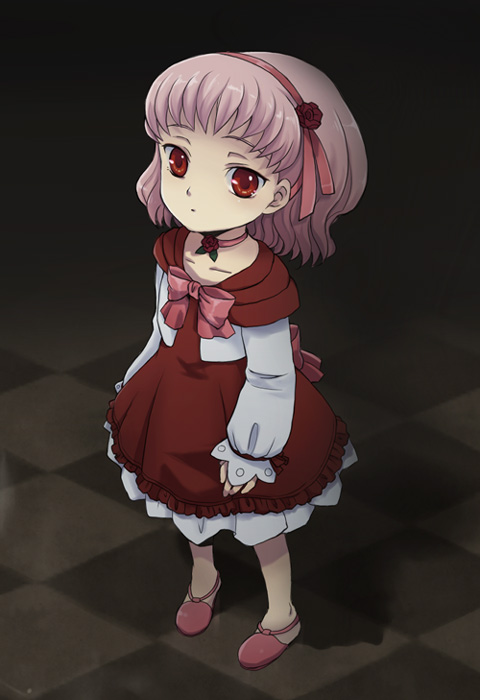 plum (arch), anya alstreim, code geass, 00s, aged down, bow, child, choker, dress, full body, hairband, headband, pink hair, red eyes, short hair, solo, standing