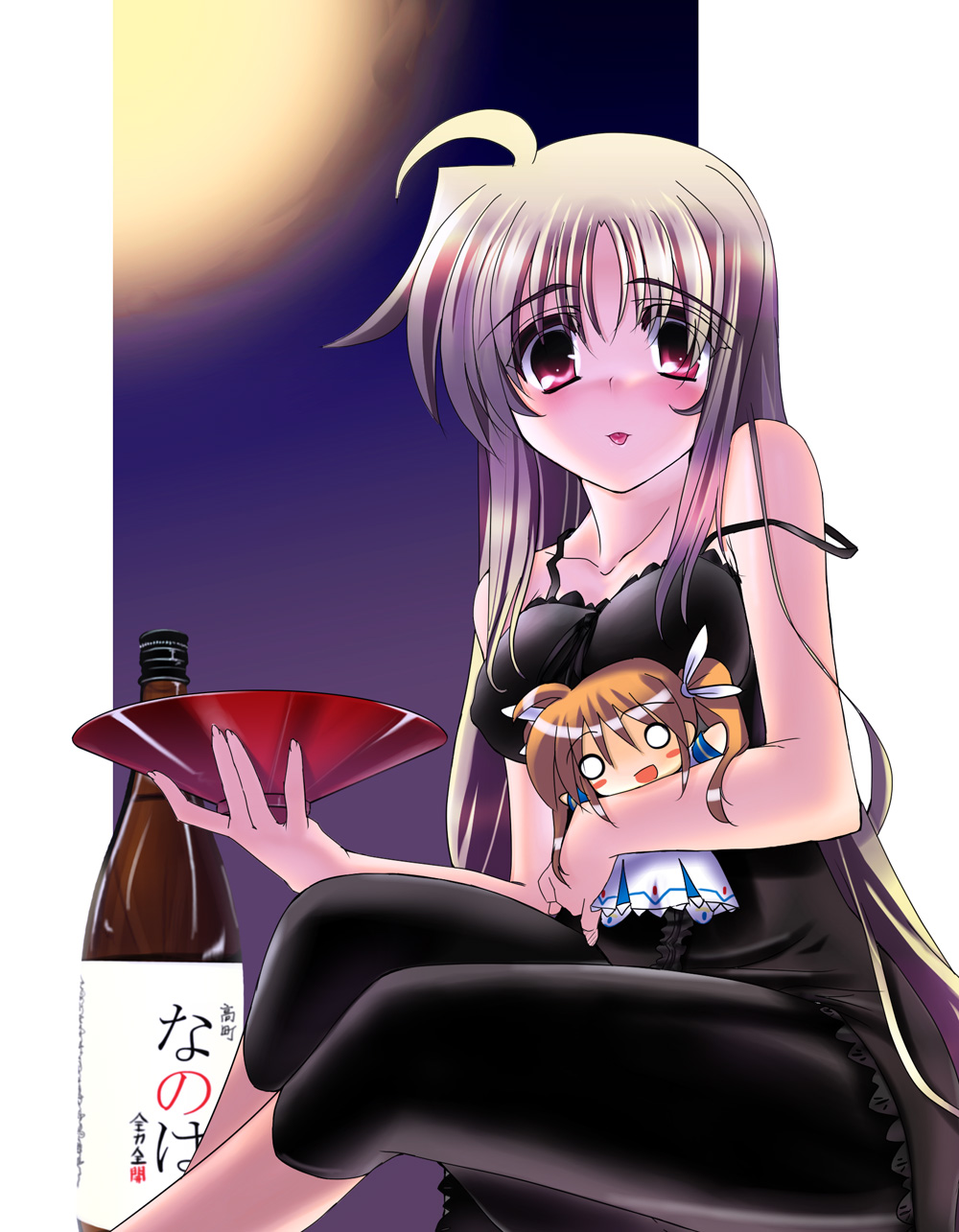 iga tamaki, fate testarossa, takamachi nanoha, lyrical nanoha, mahou shoujo lyrical nanoha, mahou shoujo lyrical nanoha strikers, highres, 00s, 1girl, ahoge, alcohol, bare shoulders, black dress, blonde hair, blush, blush stickers, bowl, character doll, collarbone, doll, dress, drunk, female focus, looking at viewer, magical girl, moonlight, o o, off shoulder, red eyes, solo, strap slip, tareme, twintails