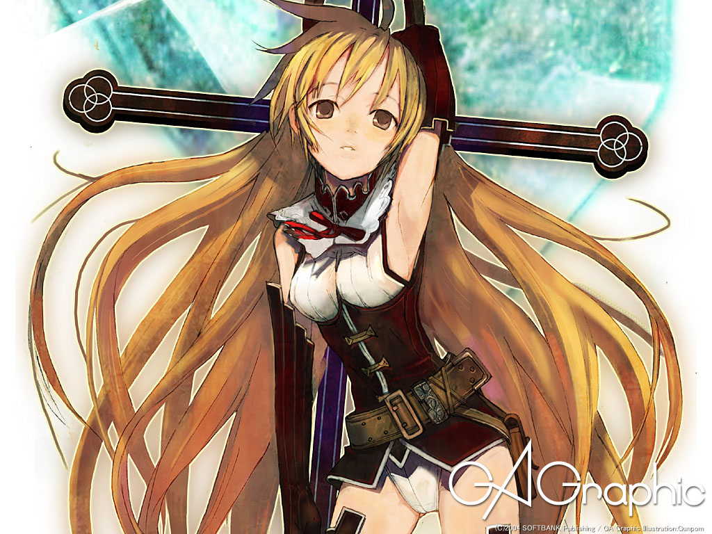 gunpom, gagraphic, 1girl, armpits, blonde hair, breasts, brown eyes, cross, elbow gloves, female focus, gloves, long hair, medium breasts, sideboob, solo, standing, very long hair
