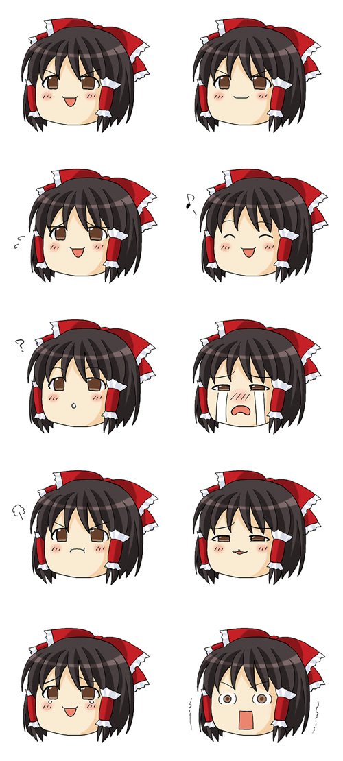 nako (pixiv48595), nako (yukkuri), hakurei reimu, touhou, bad id, bad pixiv id, (o) (o), :d, :i, :o, ?, black hair, bow, brown eyes, female focus, hair bow, hair tubes, multiple expressions, musical note, no humans, open mouth, pout, smile, smirk, smug, sweatdrop, teardrop, tears, trembling, yukkuri shiteitte ne