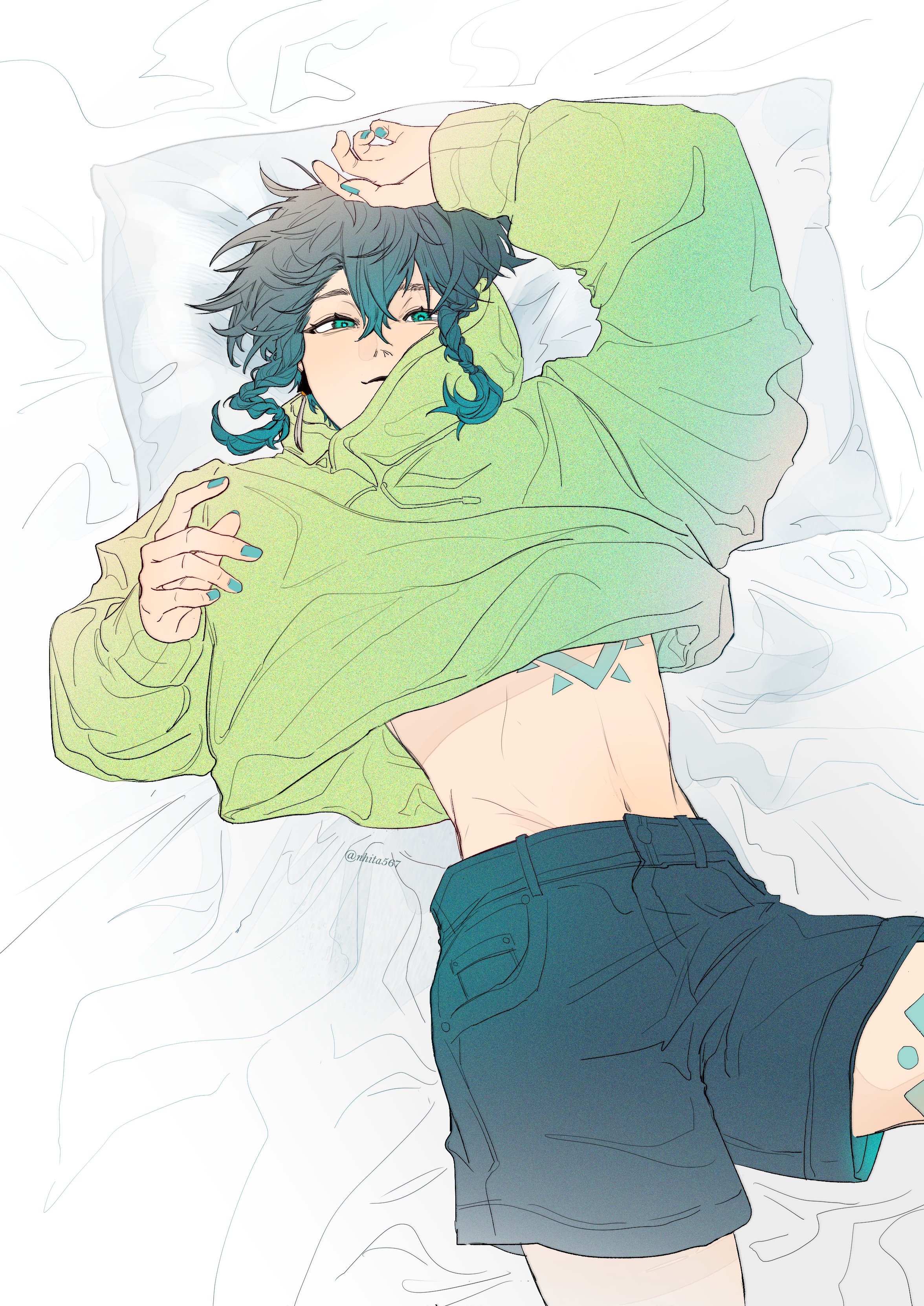 straw ye, venti (genshin impact), genshin impact, absurdres, highres, 1boy, black hair, black shorts, braid, clothes lift, from above, gradient hair, green hair, green hoodie, green nails, hand up, hood, hoodie, hoodie lift, leg tattoo, looking at viewer, looking up, lying, male focus, midriff, multicolored hair, navel, on back, on bed, pillow, short hair, shorts, stomach, tattoo, twin braids
