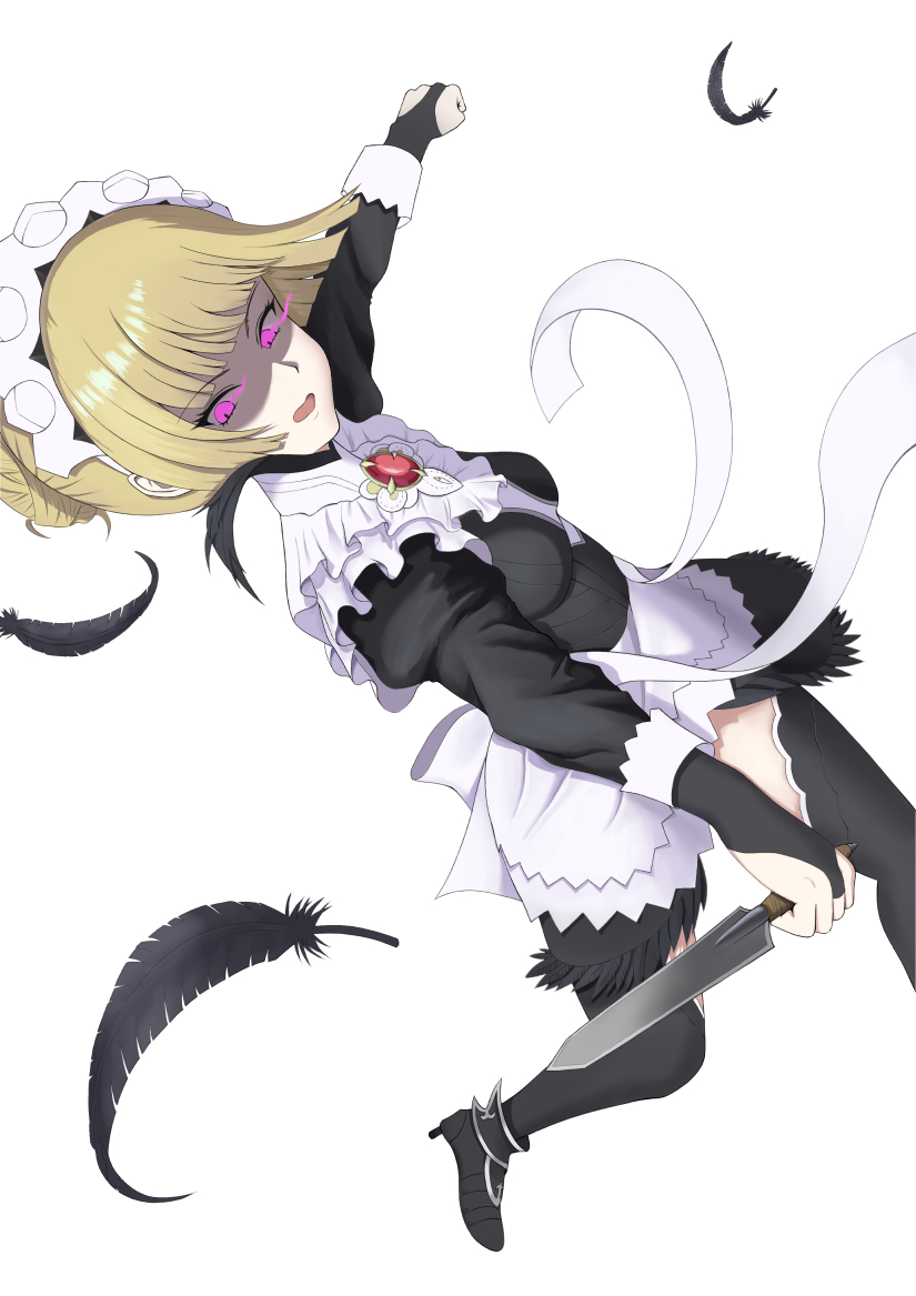 sentan, maid (fire emblem), fire emblem, fire emblem fates, nintendo, 1girl, apron, back, back focus, black dress, blonde hair, bob cut, dress, knife, looking at viewer, maid, maid apron, maid headdress, pink eyes, solo