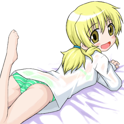 miyako (hidamari sketch), hidamari sketch, lowres, 00s, ass, barefoot, oekaki, panties, see-through clothes, solo, striped clothes, striped panties, underwear