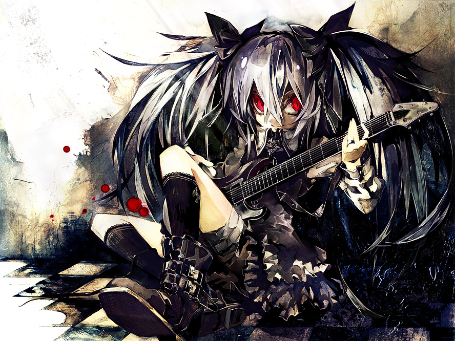 banpai akira, hagane miku, hatsune miku, hagane vocaloid, vocaloid, silver hair, 1girl, female focus, guitar, instrument, long hair, red eyes, sitting, solo, thigh strap, twintails