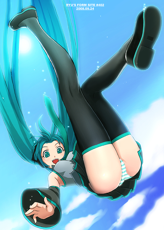 ryu (ryu's form site), hatsune miku, vocaloid, 1girl, ass, detached sleeves, falling, female focus, green eyes, green hair, knees together feet apart, legs together, legs up, long hair, matching hair/eyes, necktie, panties, pantyshot, skirt, solo, striped clothes, striped panties, thighhighs, twintails, underwear, upskirt