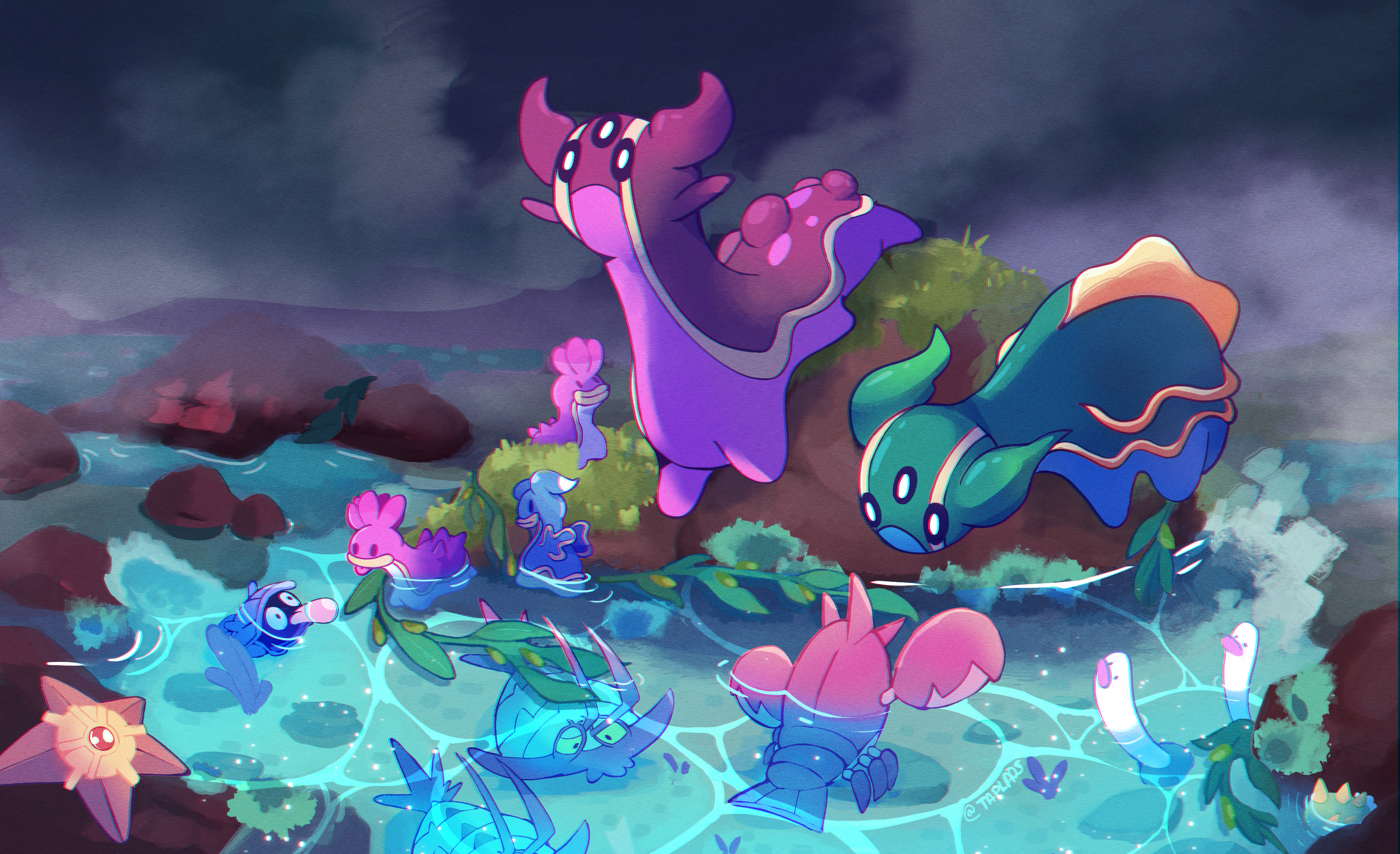 taplaos, corphish, gastrodon, gastrodon (east), gastrodon (west), shellder, shellos, shellos (east), shellos (west), staryu, wiglett, wimpod, nintendo, pokemon, highres, artist name, gen 1 pokemon, gen 3 pokemon, gen 4 pokemon, gen 7 pokemon, moss, outdoors, pokemon (creature), rock, seaweed, tidepool, water