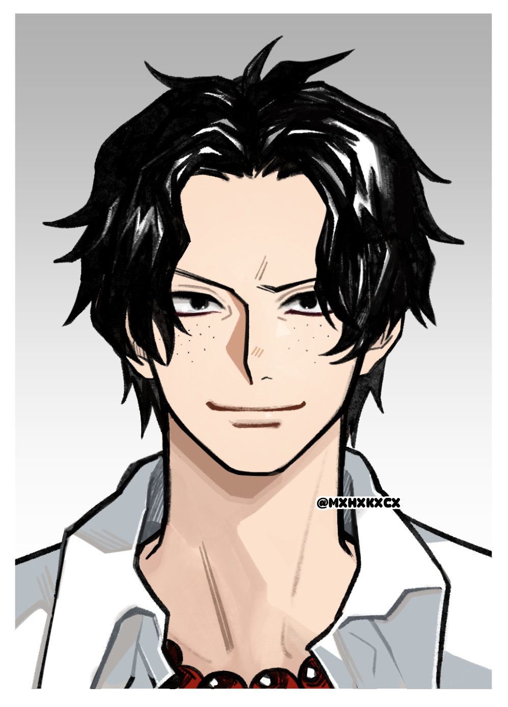 mxhxkxcx, portgas d. ace, one piece, highres, 1boy, bead necklace, beads, black eyes, black hair, border, collared shirt, freckles, gradient background, jewelry, looking at viewer, male focus, necklace, shirt, short hair, smile, solo, twitter username, upper body, white border