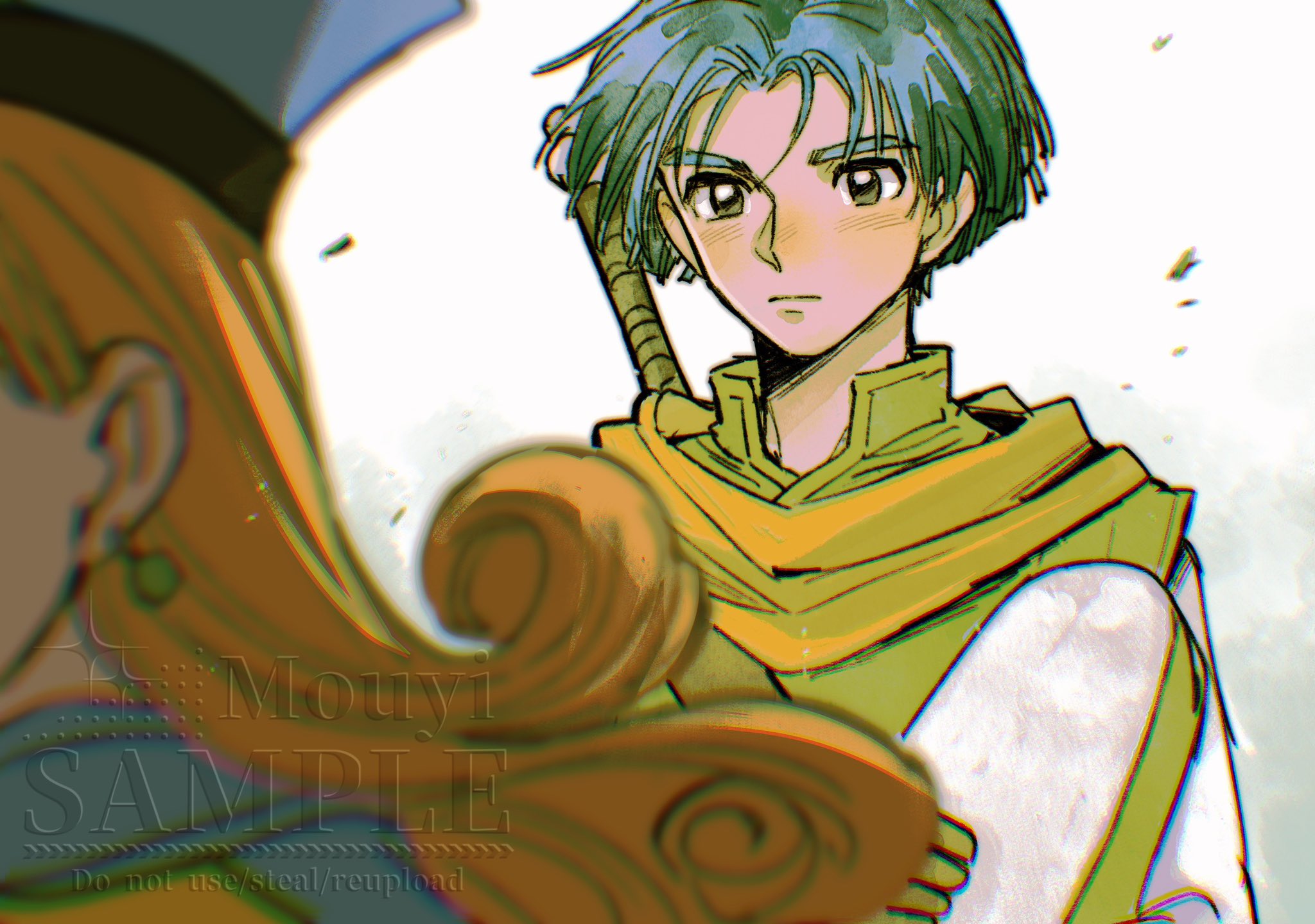 mouyi, alena (dq4), clift, dragon quest, dragon quest iv, highres, 1boy, 1girl, artist name, blue cloak, blue hair, blue hat, blurry, blurry foreground, brown hair, cloak, dress, earrings, green jacket, hat, hetero, jacket, jewelry, light blush, looking at another, parted bangs, sample watermark, short hair, sword, sword on back, upper body, watermark, weapon, weapon on back, yellow dress