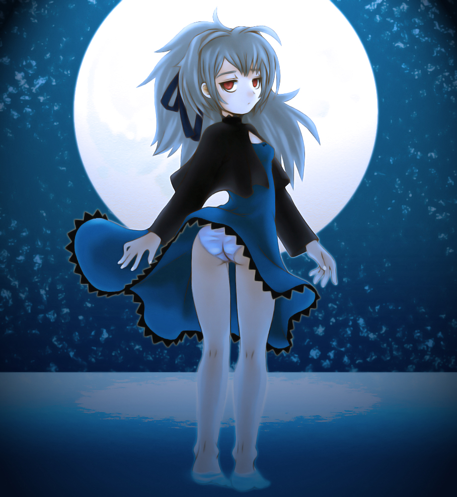 ebi tendon, yin (darker than black), darker than black, 00s, 1girl, ass, barefoot, clothes lift, dress, female focus, moon, panties, pantyshot, skirt, skirt lift, soaking feet, solo, standing, underwear, upskirt, wading, water, wind, wind lift