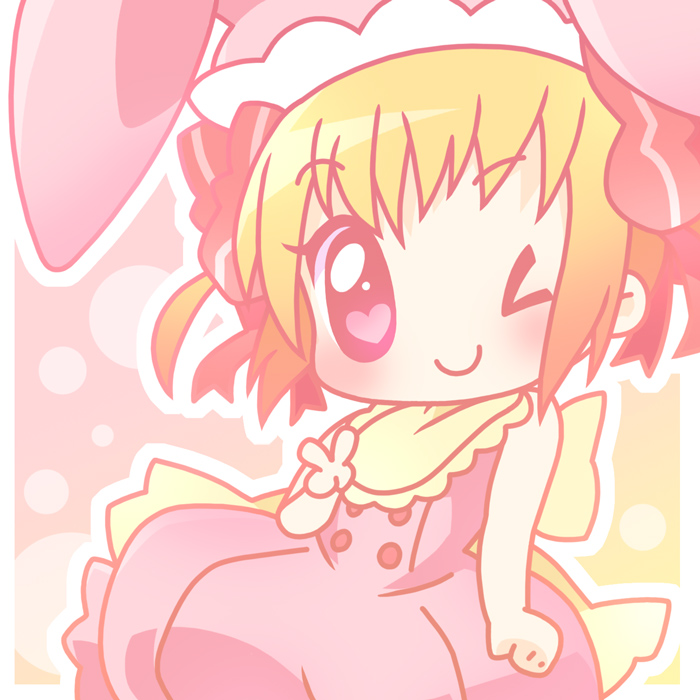 mirai (sugar), dear baby, yuiki yaya, shugo chara!, 1girl, animal ears, blush, brown hair, chibi, dress, female focus, heart, heart-shaped pupils, one eye closed, rabbit ears, short hair, smile, solo, symbol-shaped pupils, v