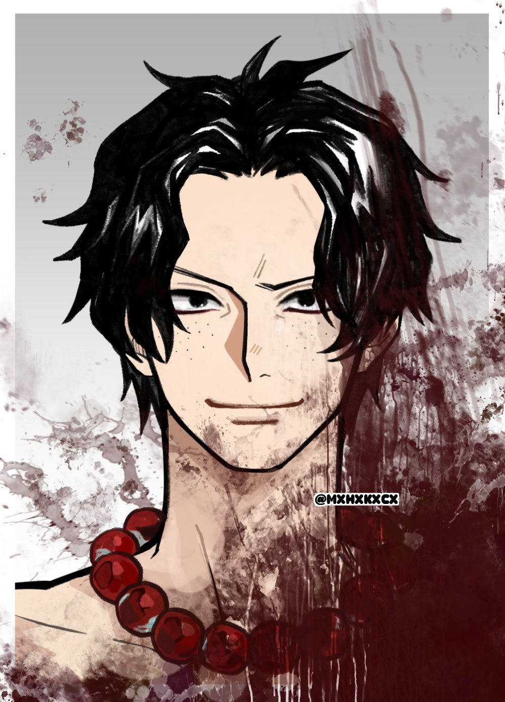 mxhxkxcx, portgas d. ace, one piece, highres, 1boy, bead necklace, beads, black eyes, black hair, blood, border, freckles, gradient background, jewelry, looking at viewer, male focus, necklace, short hair, smeared blood, smile, solo, topless male, twitter username, upper body, white border