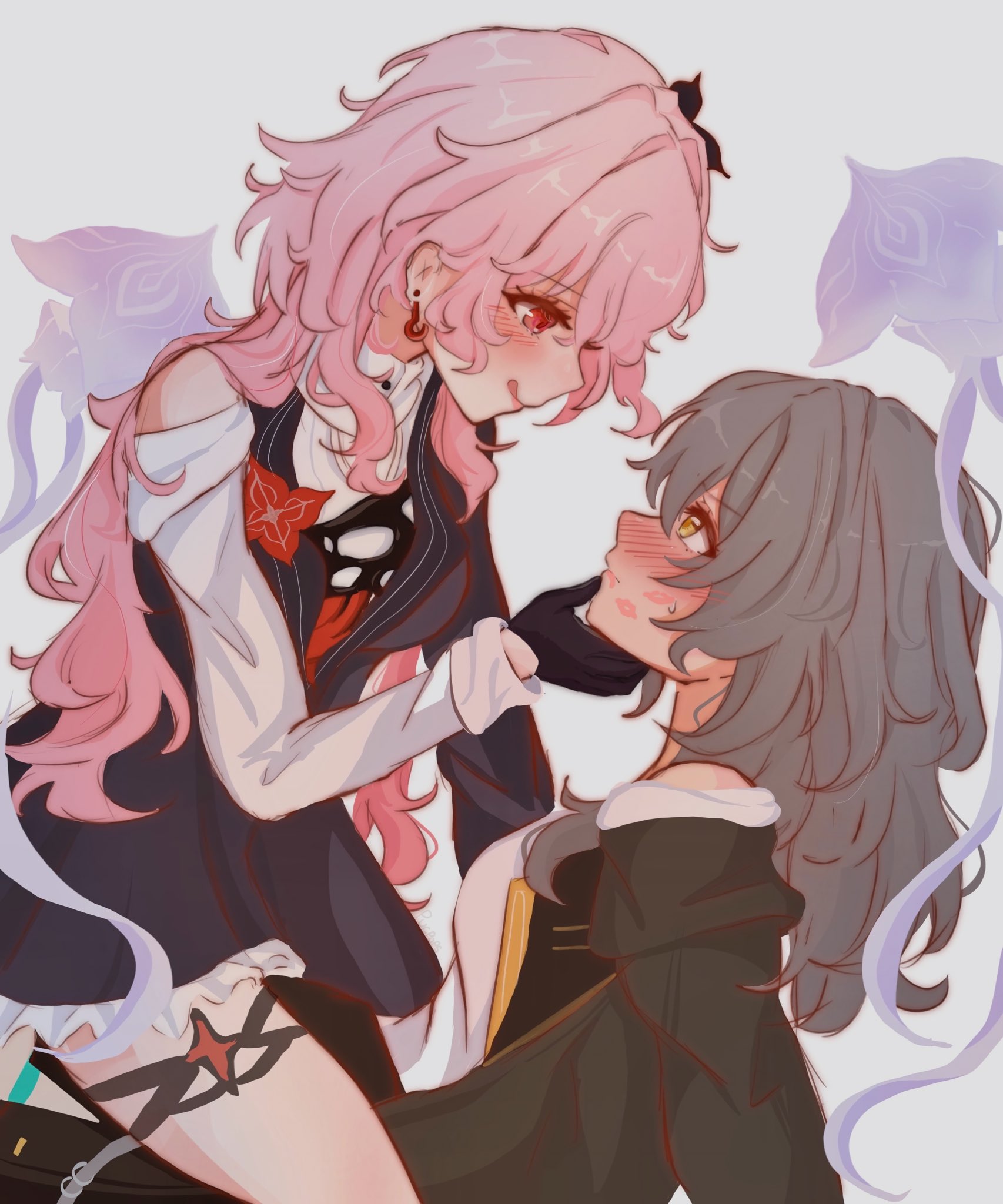 pucca (pucpops), evernight (honkai: star rail), march 7th (honkai: star rail), stelle (honkai: star rail), trailblazer (honkai: star rail), honkai: star rail, honkai (series), highres, 2girls, :q, ?, asymmetrical dress, black dress, black flower, black gloves, black jacket, blush, breasts, closed mouth, dress, earrings, flower, flower ornament, girl on top, gloves, grey hair, hair flower, hair ornament, half-jacket, hand on another's chin, jacket, jellyfish, jewelry, licking lips, lipstick mark, long hair, long sleeves, messy hair, multiple girls, nose blush, official alternate eye color, pink hair, red eyes, shirt, simple background, single bare shoulder, smile, straddling, sweat, thigh strap, tongue, tongue out, upright straddle, wavy hair, white background, white shirt, yellow eyes, yuri