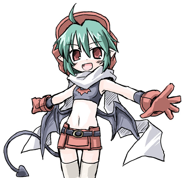 kugelschreiber, rukia moon, shinrabanshou, 1girl, demon tail, demon wings, fang, female focus, gloves, green hair, hat, looking at viewer, open mouth, pointy ears, red eyes, short hair, simple background, smile, solo, tail, white background, wings