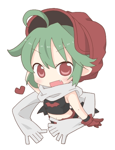 rukia moon, shinrabanshou, lowres, chibi, fang, green hair, scarf