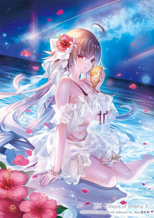 yuasa akira, z/x, official art, 1girl, ahoge, beach, bikini, bracelet, breasts, brown eyes, brown hair, closed mouth, copyright notice, dutch angle, flower, frilled bikini, frilled thigh strap, frills, hair flower, hair ornament, hibiscus, holding, holding shell, huge breasts, jewelry, light particles, long hair, looking at viewer, navel, night, night sky, ocean, prism (z/x), red petals, shell, shooting star, sitting, sky, solo, star (sky), swimsuit, thigh strap, veil, very long hair, yokozuwari