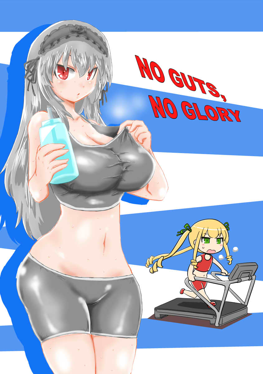 itini-sanshi, shinku, suigintou, rozen maiden, commentary request, highres, 2girls, alternate breast size (larger), alternate costume, bike shorts, blonde hair, blue background, bottle, breasts, cleavage, cowboy shot, drill hair, drill sidelocks, english text, exercising, frilled hairband, frills, green eyes, grey hair, grey ribbon, grey shorts, grey sports bra, hair ribbon, hairband, holding, holding bottle, large breasts, long hair, looking at viewer, midriff, multiple girls, navel, open mouth, red eyes, ribbon, shorts, sidelocks, sports bra, sweat, treadmill, twintails, two-tone background, very long hair, water bottle, white background