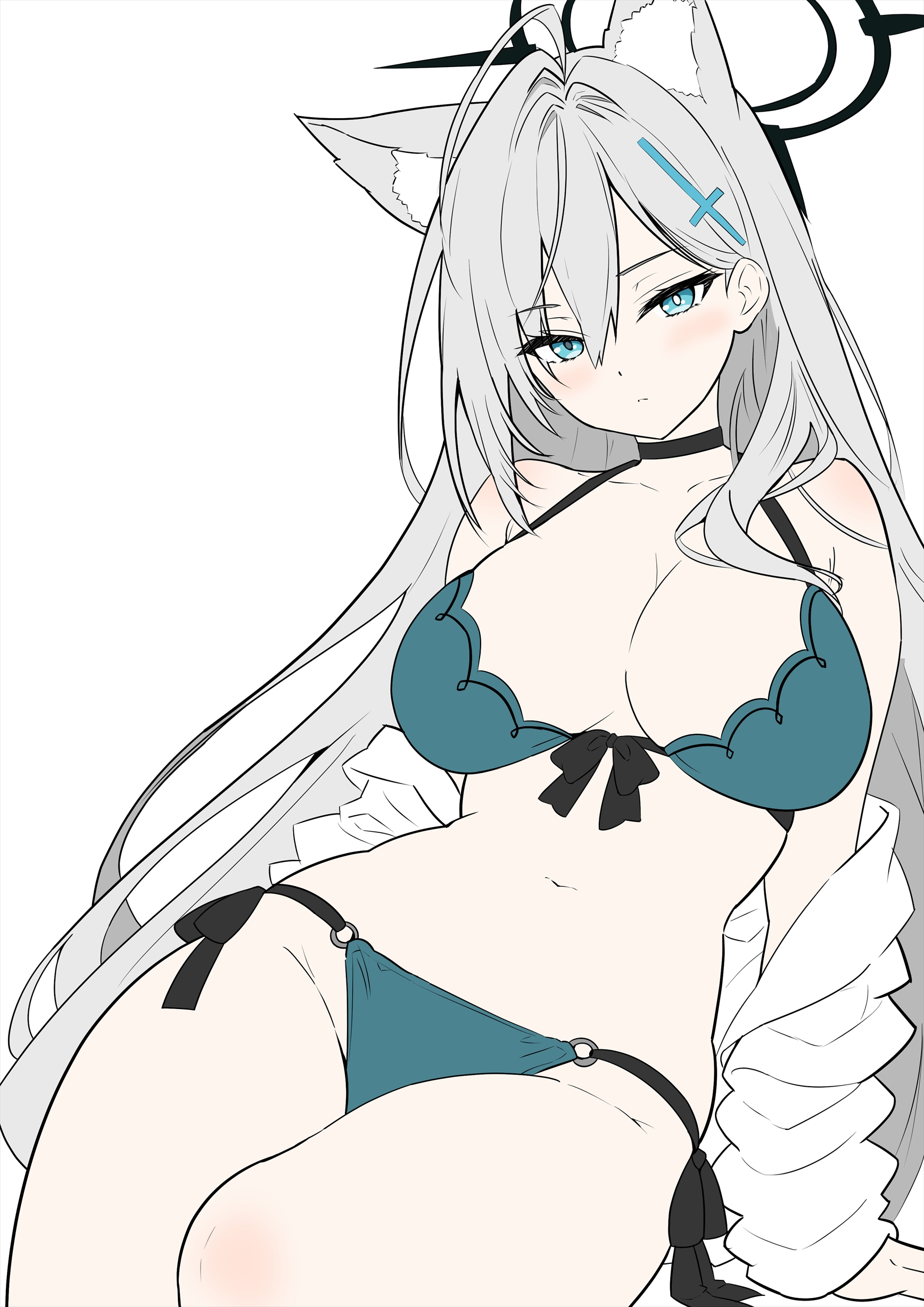 shamu (helix), shiroko terror (blue archive), blue archive, absurdres, highres, 1girl, alternate costume, animal ear fluff, animal ears, arm support, bikini, black halo, blue eyes, breasts, cleavage, collarbone, cross hair ornament, dot nose, expressionless, extra ears, front-tie bikini top, front-tie top, green bikini, grey hair, hair between eyes, hair ornament, halo, halterneck, large breasts, light blush, long hair, looking at viewer, mismatched pupils, navel, o-ring bikini bottom, off shoulder, open clothes, open shirt, shirt, side-tie bikini bottom, simple background, sitting, solo, swimsuit, thighs, very long hair, white background, white shirt, wolf ears, wolf girl