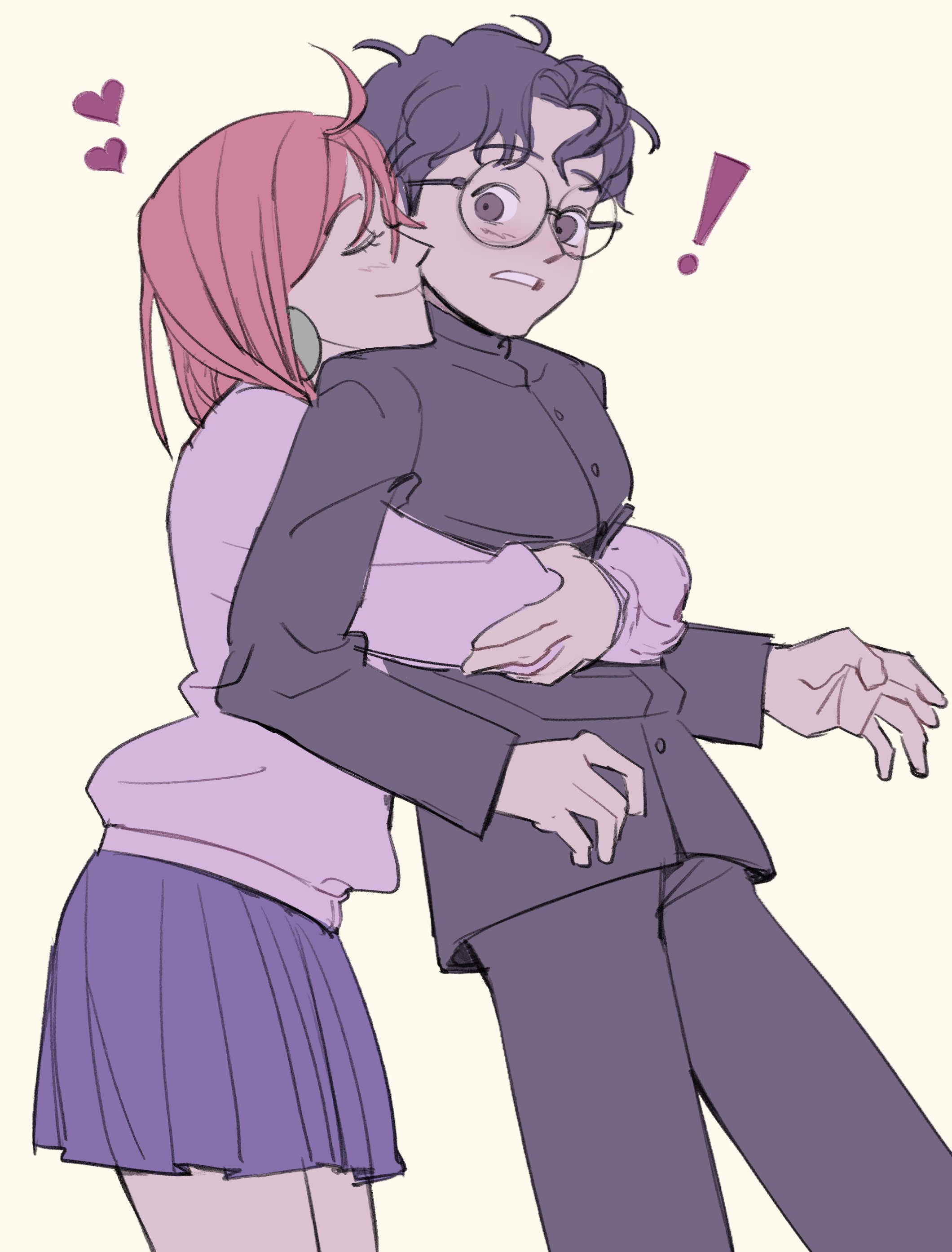 ayase momo, takakura ken (dandadan), dandadan, absurdres, highres, !, 1boy, 1girl, ahoge, black hair, black jacket, black pants, blue skirt, brown eyes, brown hair, canapeeeee, closed eyes, couple, cowboy shot, earrings, gakuran, glasses, hair between eyes, hetero, hug, hug from behind, jacket, jewelry, light blush, pants, parted bangs, parted lips, pink sweater, pleated skirt, round eyewear, school uniform, skirt, smile, sweater, wavy hair