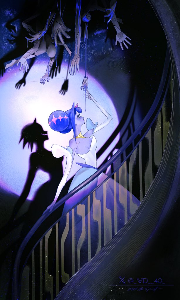 wozwald (wd 40), princess guinevere, knights of guinevere, commentary, english commentary, 1girl, arm up, blue hair, breasts, different shadow, double bun, dress, elbow gloves, gloves, gown, hair bun, looking at viewer, looking to the side, railing, sideboob, signature, spotlight, stairs, twitter username, twitter x logo, white dress, white gloves