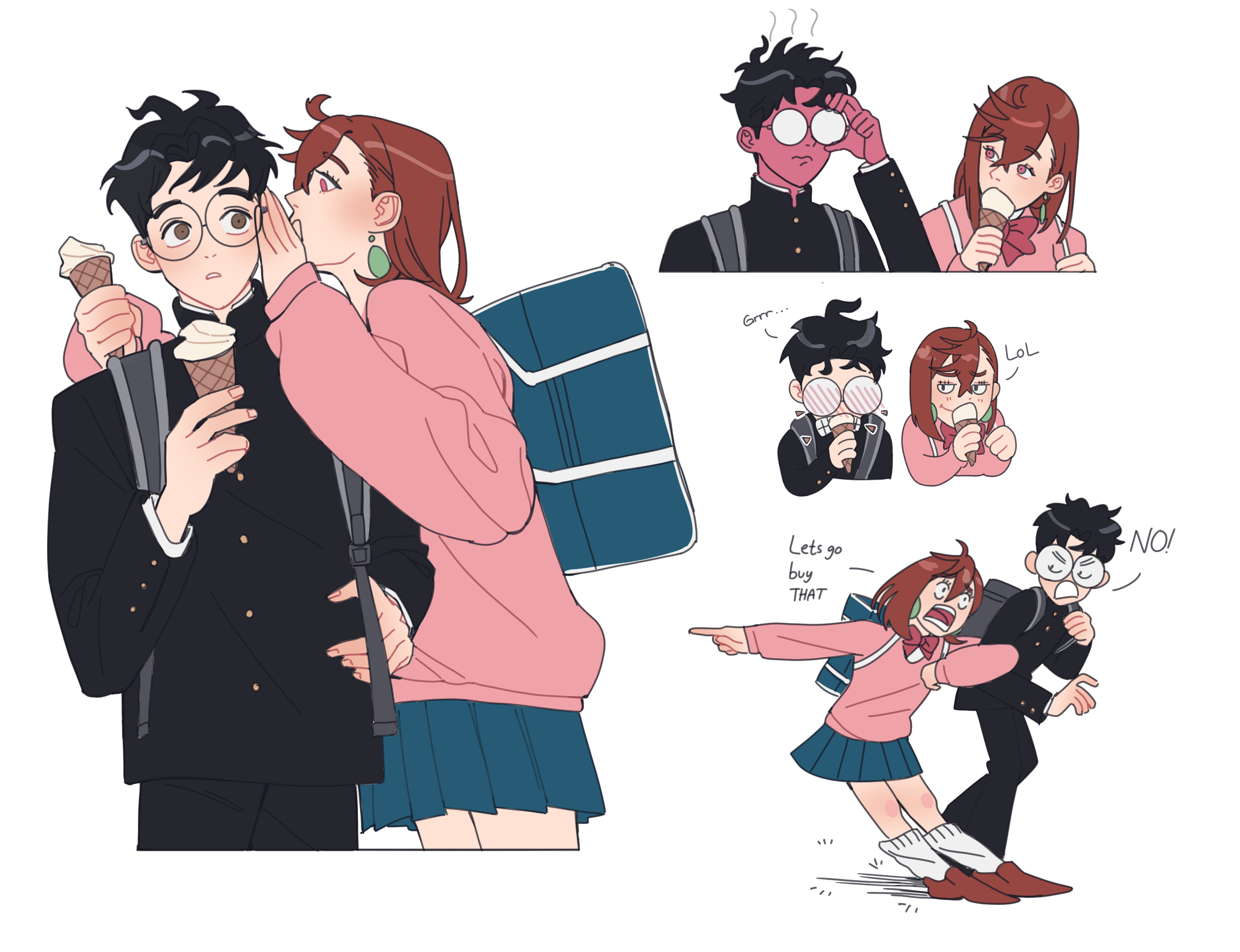 ayase momo, takakura ken (dandadan), dandadan, highres, 1boy, 1girl, adjusting eyewear, arm around shoulder, backpack, bag, black hair, black jacket, black pants, blue bag, blue skirt, blush, bow, bowtie, brown eyes, brown hair, canapeeeee, couple, cropped legs, earrings, eating, frown, full body, furrowed brow, gakuran, glasses, grey bag, hair between eyes, hetero, holding, holding another's arm, holding ice cream cone, ice cream cone, jacket, jewelry, looking at another, medium hair, multiple views, open mouth, pants, parted bangs, pink sweater, pleated skirt, pointing, red bow, red bowtie, round eyewear, school uniform, shirt, short hair, skirt, steaming body, sweater, upper body, whispering in ear, white background, white shirt