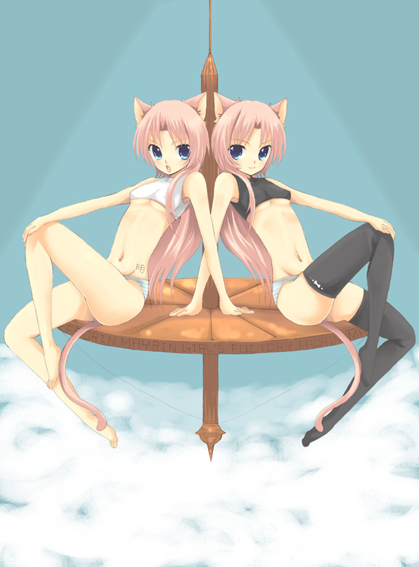 sakurai unan, 2girls, animal ears, barefoot, blue eyes, bra, cat ears, cat tail, feet, lingerie, long hair, multiple girls, open mouth, panties, tail, thighhighs, underwear, underwear only