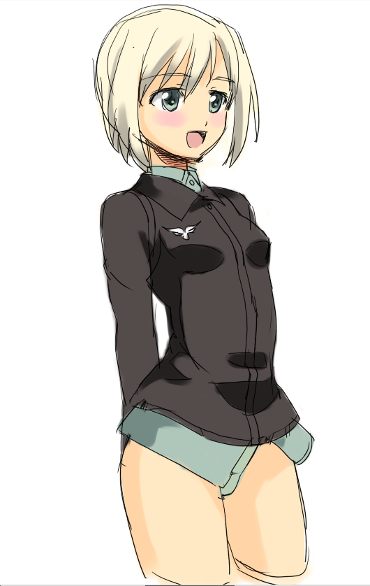 sato (oisi-milkcoffe), sato (pixiv15600), erica hartmann, strike witches, world witches series, uniform, bad id, bad pixiv id, 00s, 1girl, blonde hair, blue eyes, bottomless, female focus, no pants, short hair, sketch, solo