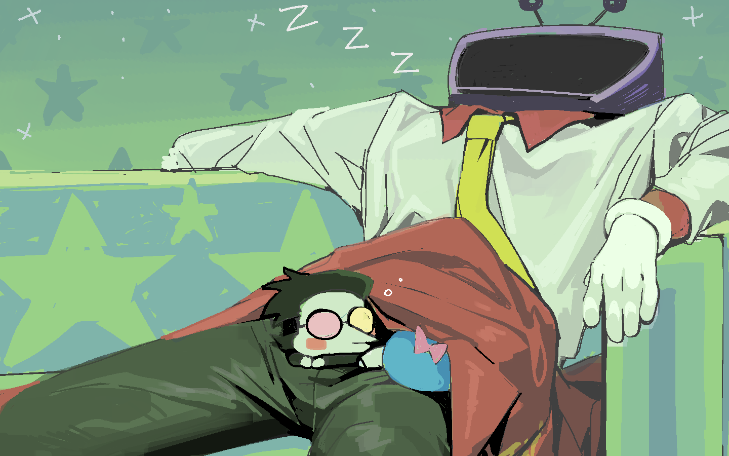 ant tenna, spamton g. spamton, deltarune, utdr (toby fox), 2boys, asd1565326, black hair, blush, colored skin, gloves, heterochromatic eyewear, male focus, mini person, miniboy, multiple boys, necktie, pipis (deltarune), pointy nose, shirt, sleeping, tinted eyewear, yellow necktie