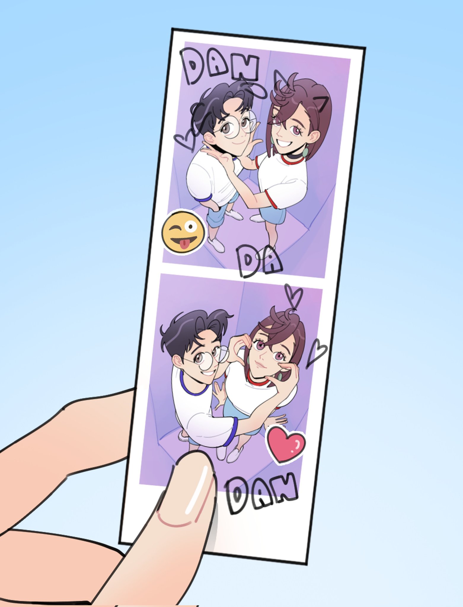 ayase momo, takakura ken (dandadan), dandadan, highres, 1boy, 1girl, black choker, black hair, blue background, blue shorts, brown hair, canapeeeee, choker, closed mouth, couple, crossed bangs, earrings, from above, glasses, grin, hair between eyes, hand in pocket, hands on another's cheeks, hands on another's face, heart, hetero, holding, holding photo, jewelry, medium hair, parted lips, photo (object), round eyewear, shirt, shoes, short hair, shorts, smile, teeth, tongue, tongue out, white shirt, white shoes