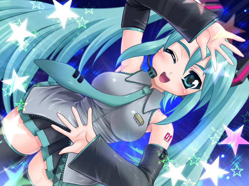 utsugi tsuguha, hatsune miku, vocaloid, 1girl, ;d, aqua eyes, aqua hair, arms up, black skirt, black thighhighs, blue eyes, blue hair, cowboy shot, female focus, headgear, headset, long hair, looking at viewer, matching hair/eyes, necktie, one eye closed, open mouth, pleated skirt, skirt, smile, solo, standing, star (symbol), tareme, tattoo, thighhighs, twintails