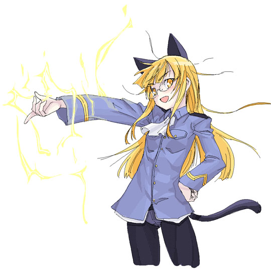 satou atsuki, perrine h. clostermann, strike witches, world witches series, 00s, 1girl, animal ears, blonde hair, cat ears, cat tail, electricity, female focus, glasses, long hair, looking at viewer, messy hair, open mouth, panties, panties under pantyhose, pantyhose, simple background, solo, tail, underwear, yellow eyes
