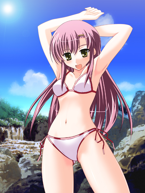 hyokkori tamago, katsura hinagiku, hayate no gotoku!, 00s, 1girl, armpits, arms up, bikini, day, female focus, solo, swimsuit