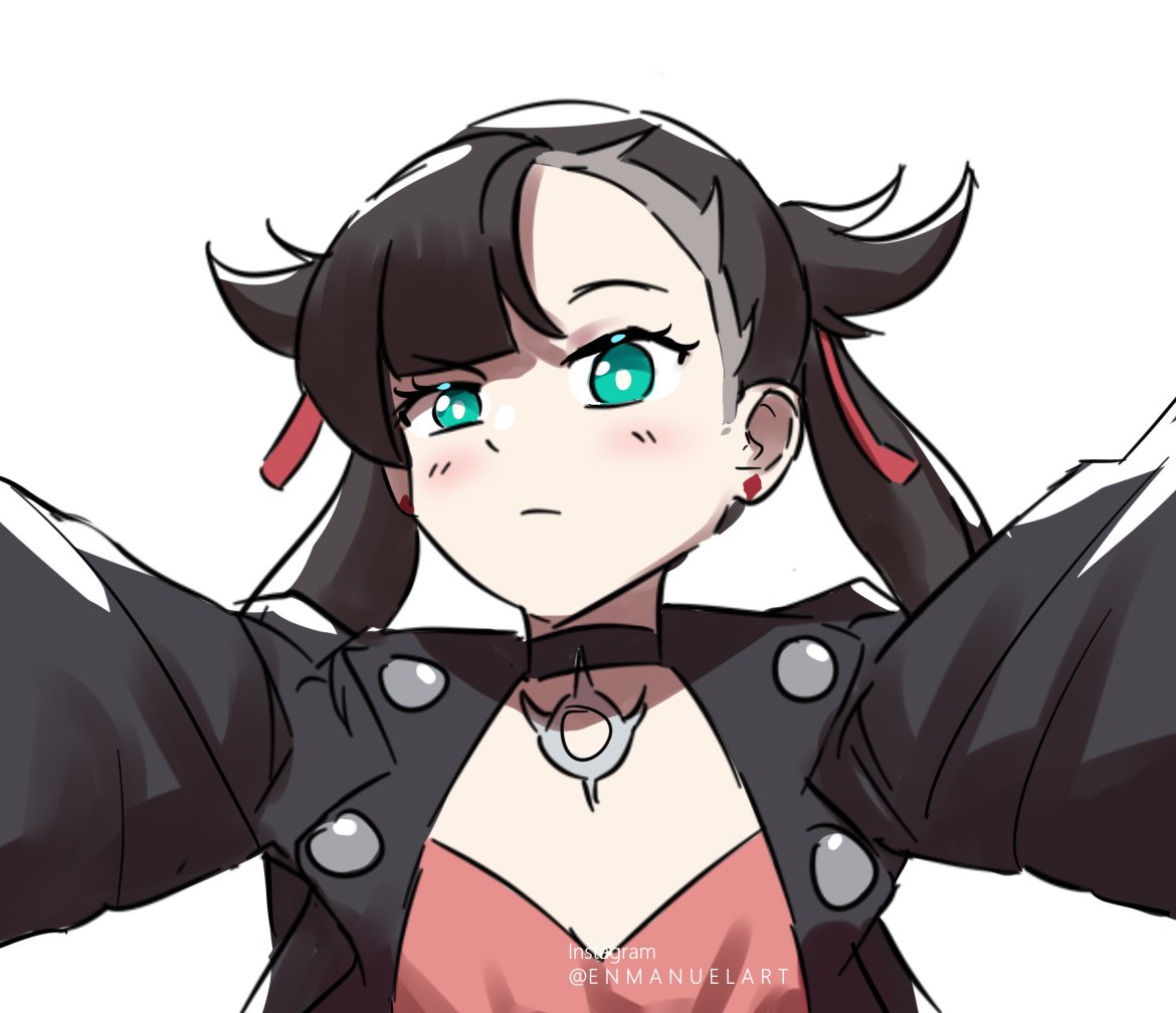 enma (enmanuelart), marnie (pokemon), nintendo, pokemon, pokemon swsh, commentary, english commentary, 1girl, aqua eyes, black choker, black hair, black jacket, bright pupils, choker, closed mouth, dress, earrings, hair ribbon, instagram username, jacket, jewelry, light blush, long hair, long sleeves, looking at viewer, open clothes, open jacket, pink dress, pink ribbon, portrait, pov, ribbon, simple background, solo, stud earrings, twintails, white background, white pupils